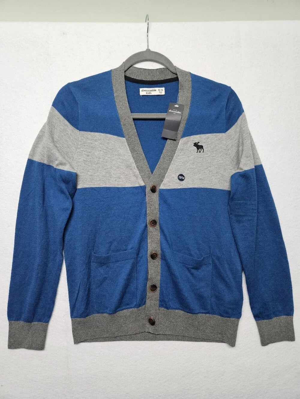 Abercrombie & Fitch Kids Blue Grey Color-block Cardigan 0Sweater Moose Logo NWT